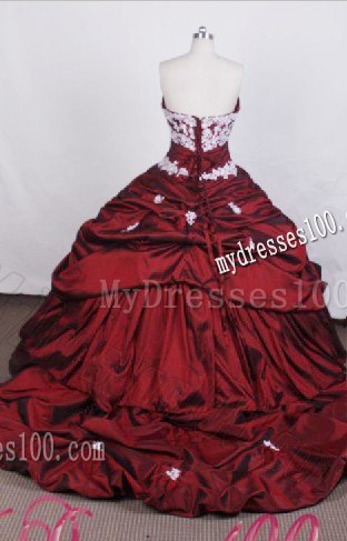 Ruched Wine Red Tiers Sweep Train Dress for Sweet 15 with White Appliques